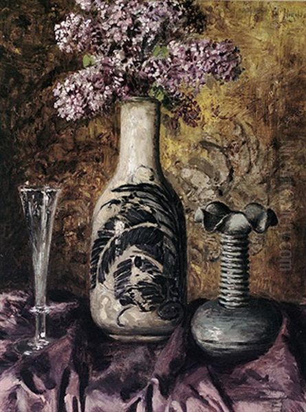 Stilleben Mit Fliederstraus In Japanischer Vase, Sektglas Und Jugendstilvase Auf Drapiertem Violetten Tuch Oil Painting by Karl Heyden