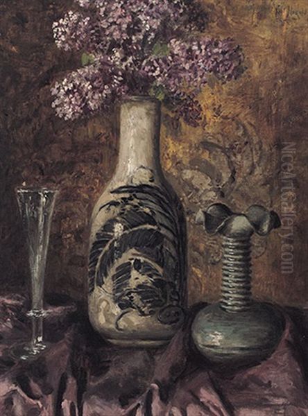 Stilleben Mit Fliederstraus In Japanischer Vase, Sektglas Und Jugendstilvase Auf Drapiertem Violettem Tuch Oil Painting by Karl Heyden