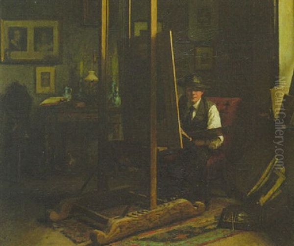 Der Kunstler In Seinem Atelier, Vor Der Staffelei Sitzend Oil Painting by Karl Heyden