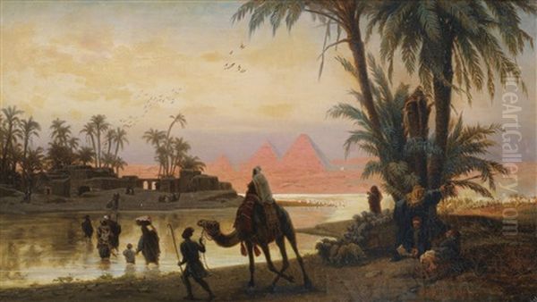 Caravane Pres Des Pyramides Oil Painting by Otto Johann Heinrich Heyden