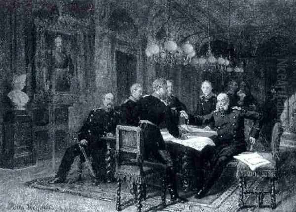 Kaiser Wilhelm I Umgeben Von Bismarck, Moltke Und Seinen Generalen, Bei Einer Lagebesprechung Im Prafekturgebaude Von Versailles... Oil Painting by Otto Johann Heinrich Heyden