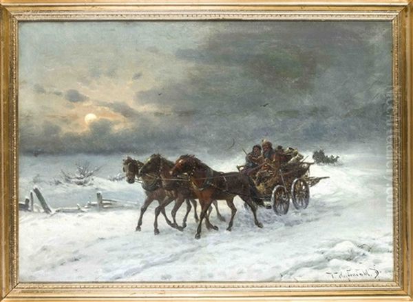 Russische Troika In Verschneiter Landschaft Oil Painting by Friedrich Josef Nicolai Heydendahl