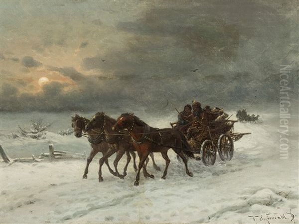 Winterly Coach Ride Oil Painting by Friedrich Josef Nicolai Heydendahl