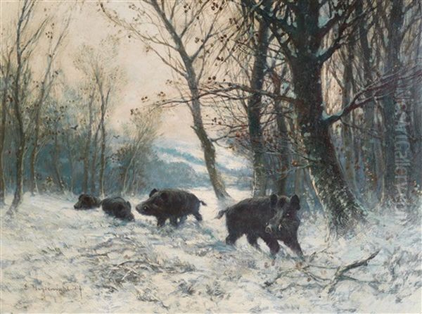 Wild Boar In A Winter Woodland Clearing Oil Painting by Friedrich Josef Nicolai Heydendahl