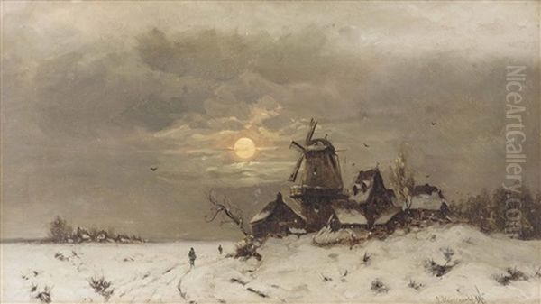 Vollmond Uber Winterlandschaft Mit Kleinen Ansiedlungen Und Personenstaffage Oil Painting by Friedrich Josef Nicolai Heydendahl