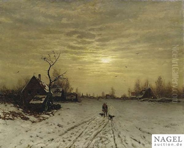 Wintry Landscape At Evening Light With A Huntsman Oil Painting by Friedrich Josef Nicolai Heydendahl