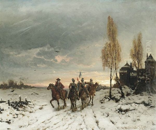 Winterliche Landschaft Mit Berittenen Soldaten Vor Einem Schloss Oil Painting by Friedrich Josef Nicolai Heydendahl