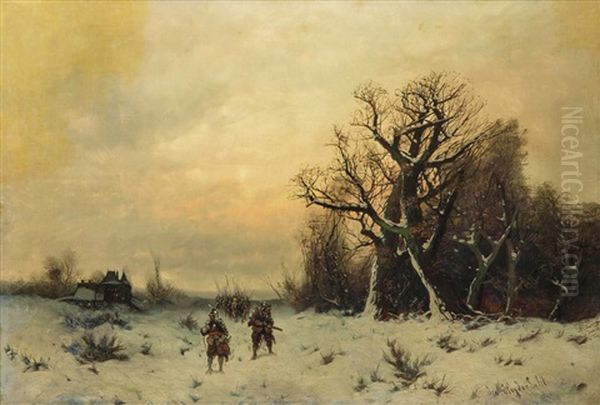 Marschierende Soldaten Mit Zwei Kundschaftern In Winterlandschaft by Friedrich Josef Nicolai Heydendahl