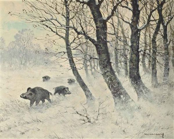 Boars In The Snow Oil Painting by Friedrich Josef Nicolai Heydendahl