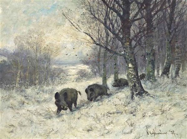 Boars At The Edge Of The Forest Oil Painting by Friedrich Josef Nicolai Heydendahl