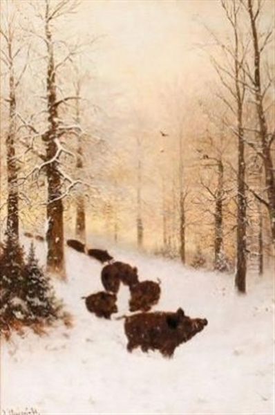 Boars In The Snow Oil Painting by Friedrich Josef Nicolai Heydendahl