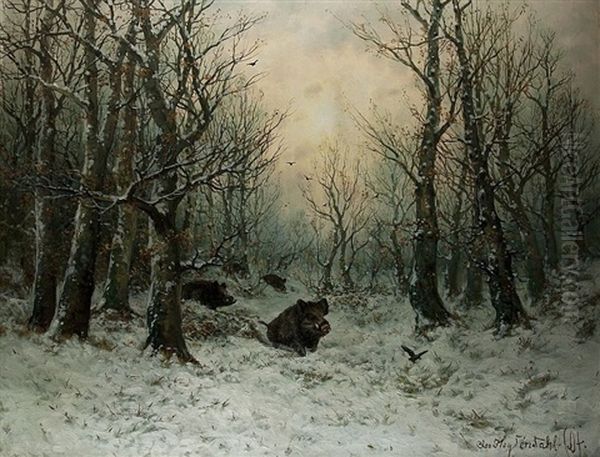 Wildschweine Im Abendlicht Oil Painting by Friedrich Josef Nicolai Heydendahl