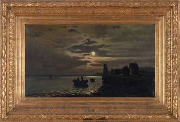 Mondbeschienene Kuste Mit Fischern Oil Painting by Friedrich Josef Nicolai Heydendahl