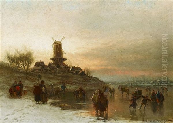 Winterabend Mit Schlittschuhlaufern Auf Dem Eis Oil Painting by Friedrich Josef Nicolai Heydendahl