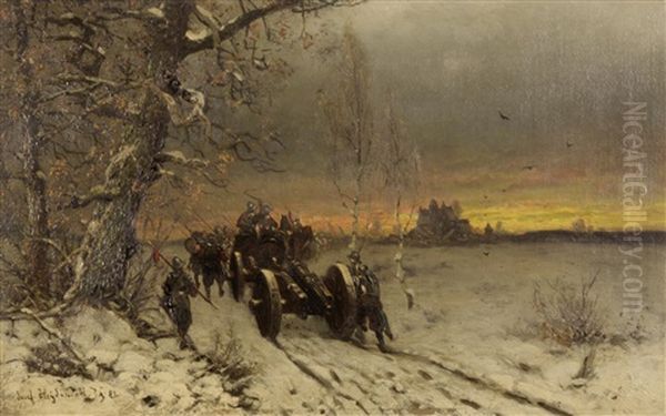 A Winter Scene With Soldiers On A Road Transporting A Horse-drawn Cannon Oil Painting by Friedrich Josef Nicolai Heydendahl