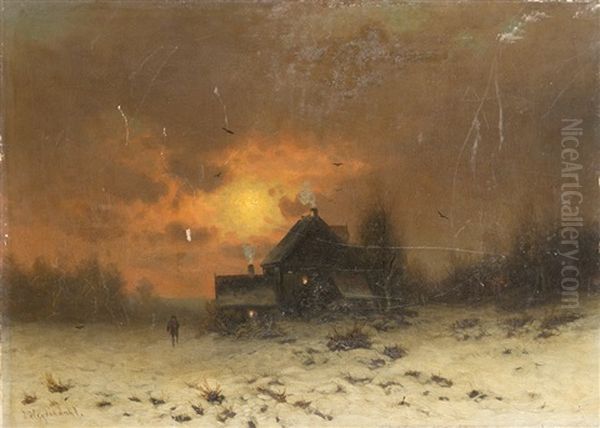 Gehoft In Winterlicher Abendlandschaft Oil Painting by Friedrich Josef Nicolai Heydendahl