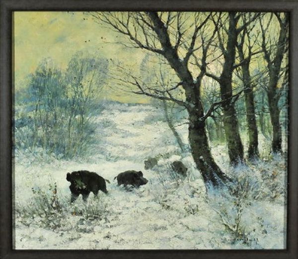 Eine Rotte Wildschweine Auf Einer Abendlichen Winterwaldlichtung Oil Painting by Friedrich Josef Nicolai Heydendahl