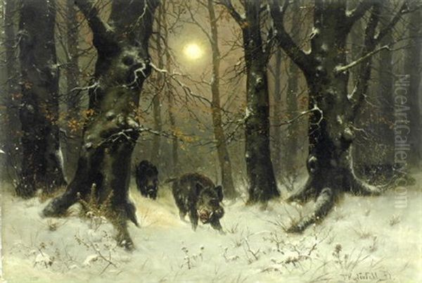 Wildschweine Im Winterwald Bei Vollmond Oil Painting by Friedrich Josef Nicolai Heydendahl