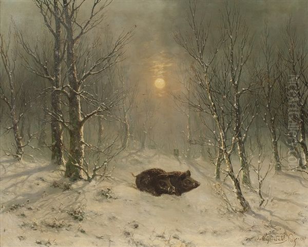 Winterlandschaft Mit Wildschweinen Oil Painting by Friedrich Josef Nicolai Heydendahl