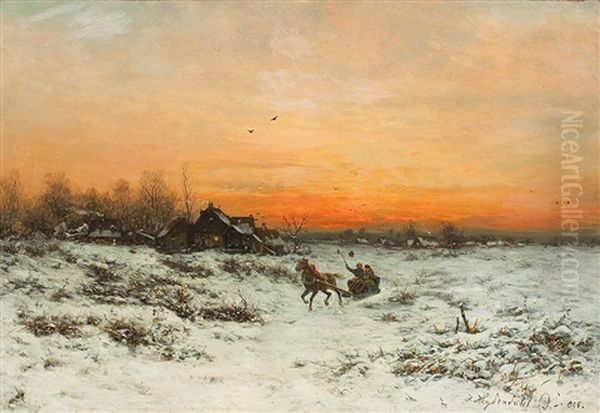 Winterliche Schlittenfahrt Im Abendrot Oil Painting by Friedrich Josef Nicolai Heydendahl