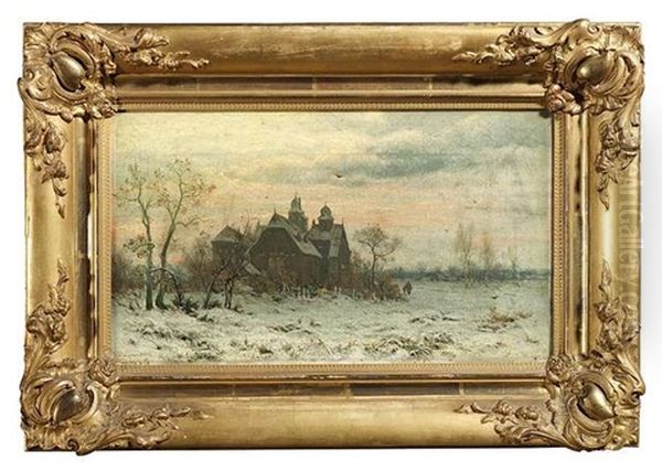 Winterliches Gehoft Bei Sonnenuntergang (+ Winterlicher Weg Bei Sonnenuntergang; Pair) Oil Painting by Friedrich Josef Nicolai Heydendahl