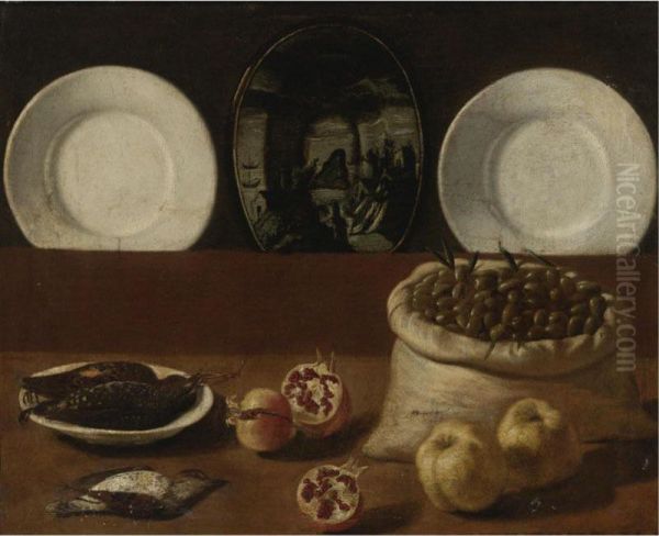 Still Life With Plates, A Sack Filled With Olives, Game, Pomegranates, And Quince Oil Painting by Paolo Antonio Barbieri