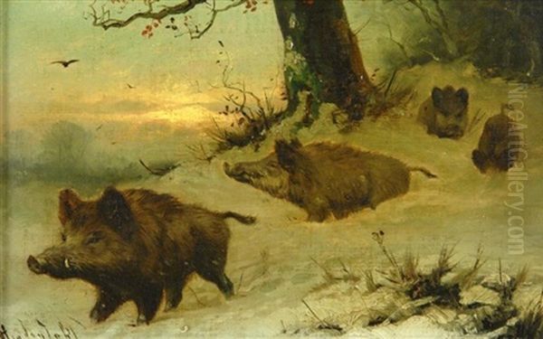 Wildschweinrotte Im Verschneiten Winterwalde by Friedrich Josef Nicolai Heydendahl