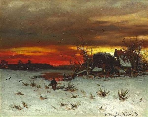 Winterlandschaft Bei Sonnenuntergang Oil Painting by Friedrich Josef Nicolai Heydendahl