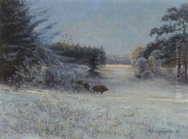 Rotte Wildsauen In Winterlandschaft Oil Painting by Friedrich Josef Nicolai Heydendahl