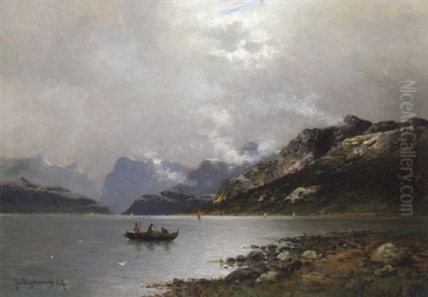 Fischerboote In Einem Norwegischen Fjord Oil Painting by Friedrich Josef Nicolai Heydendahl