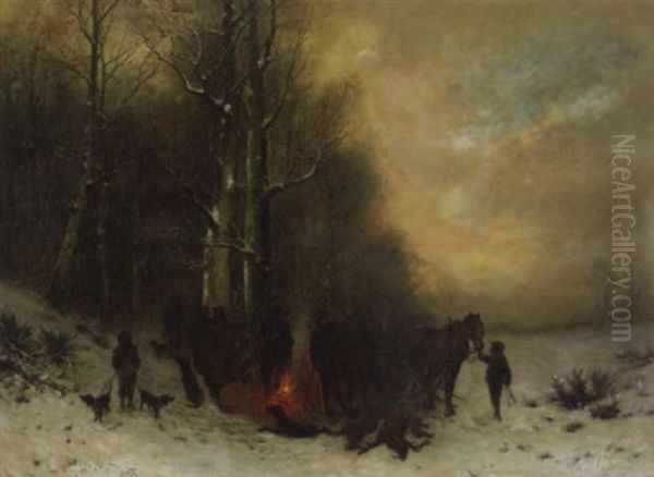 A Hunting Party Resting By The Edge Of A Forest In A Winter Landscape Oil Painting by Friedrich Josef Nicolai Heydendahl