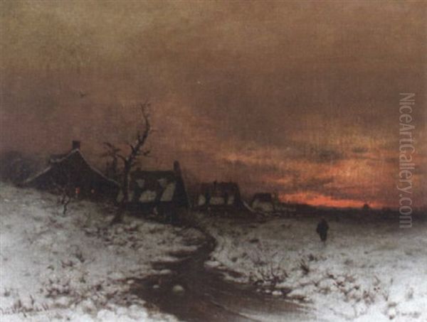 Winterabend In Einem Hollandischen Dorf Oil Painting by Friedrich Josef Nicolai Heydendahl