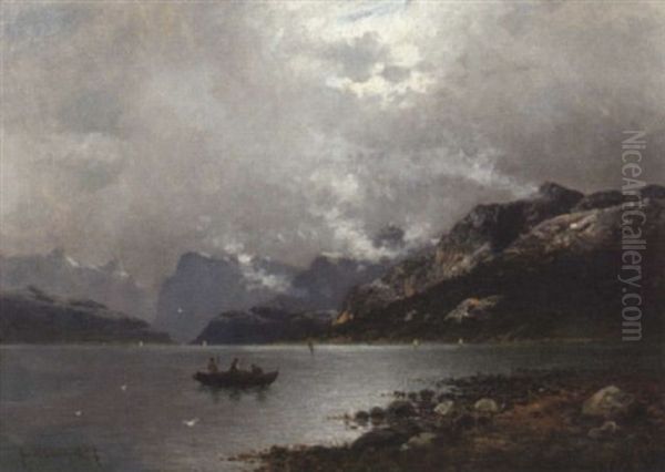 Fischerboote In Einem Norwegischen Fjord Oil Painting by Friedrich Josef Nicolai Heydendahl