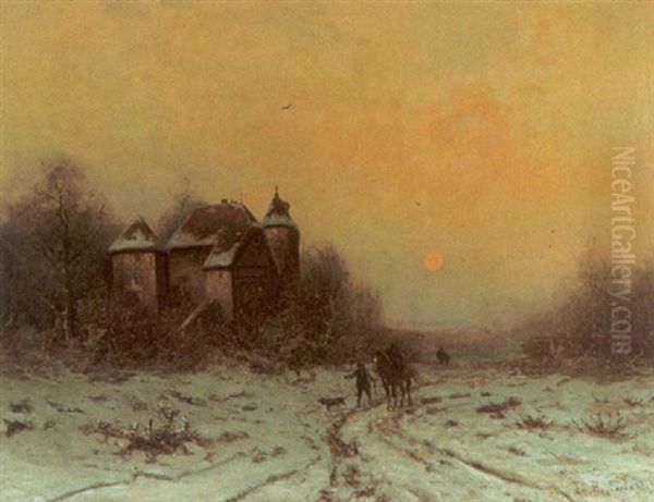 Winterlandschaft Mit Burg Bei Aufgehenem Mond (westfalen) Oil Painting by Friedrich Josef Nicolai Heydendahl