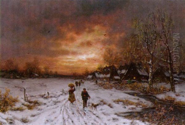 Bauern Auf Dem Heimweg - Verschneite Winterlandschaft Im Abendrot Oil Painting by Friedrich Josef Nicolai Heydendahl