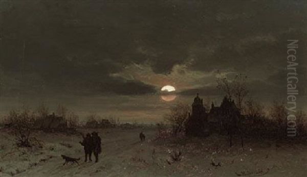 Aufbruch Zur Jagd In Winterlicher Mondnacht Oil Painting by Friedrich Josef Nicolai Heydendahl