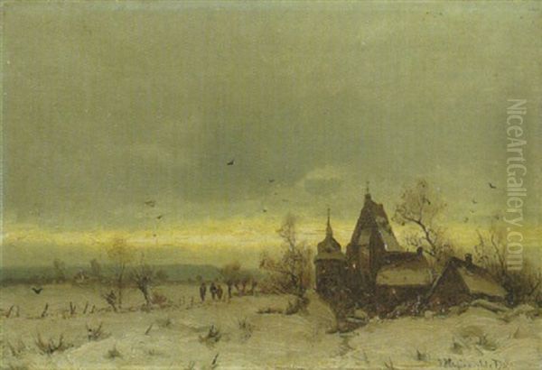 Kapelle Am Winterabend In Verschneiter Landschaft Oil Painting by Friedrich Josef Nicolai Heydendahl