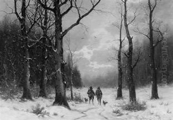 Jager Im Verschneiten Wald Oil Painting by Friedrich Josef Nicolai Heydendahl