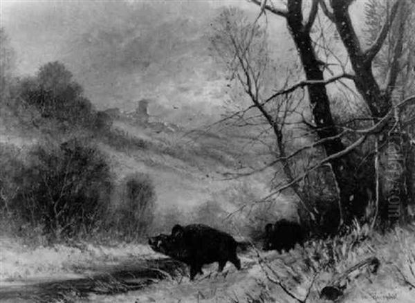 Abend Im Verschneiten Tal Mit Wildsauen Oil Painting by Friedrich Josef Nicolai Heydendahl