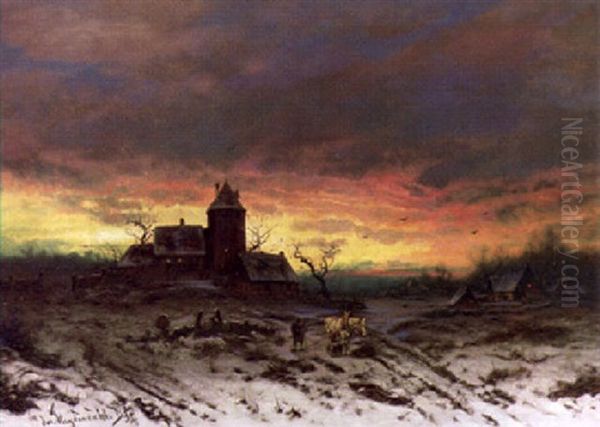 Winterlandschaft Bei Abendsonnenuntergang Oil Painting by Friedrich Josef Nicolai Heydendahl