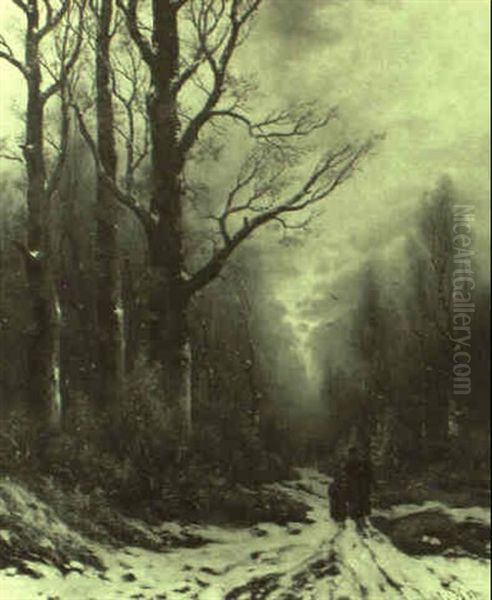 Jagdgesellschaft In Verschneitem Winterwald by Friedrich Josef Nicolai Heydendahl