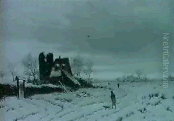 Morgendammerung In Winterland-schaft Mit Jagern Vorn Auf    Dem Weg Nahe Dem Alten Gehoft Oil Painting by Friedrich Josef Nicolai Heydendahl