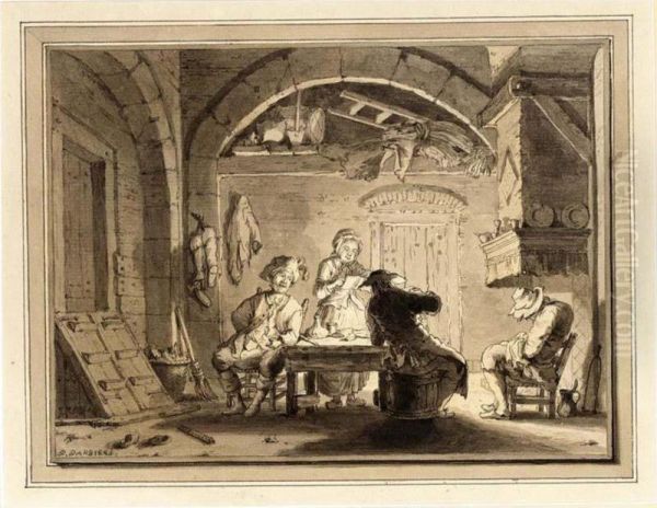 An Interior With Figures Around A Table And A Man Sleeping By The Chimney Oil Painting by Bartholomaus Barbiers