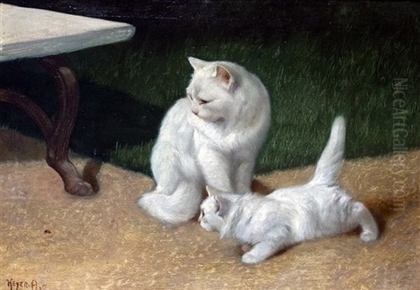 Cat With Her Kitten In The Garden Oil Painting by Arthur Heyer