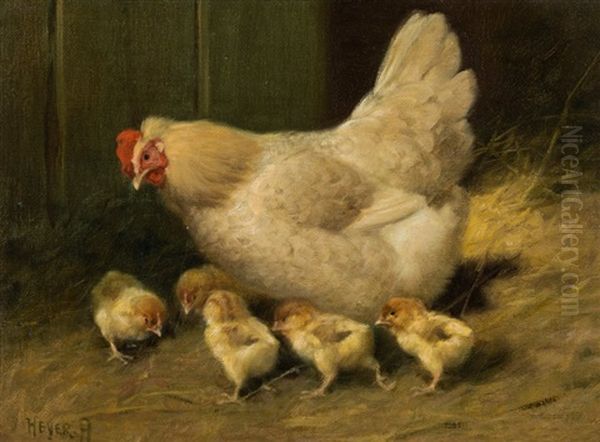 Mother Hen And Her Chickens Oil Painting by Arthur Heyer