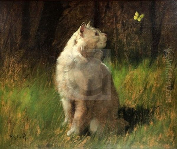 White Cat Watching A Butterfly Oil Painting by Arthur Heyer