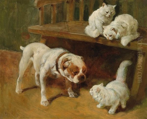 Dog And Cats Oil Painting by Arthur Heyer