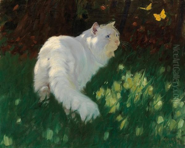 White Cat And Butterflies Oil Painting by Arthur Heyer