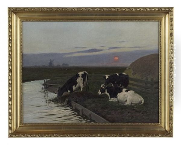 Landscape At Sunset With Cattle On A Farm Oil Painting by Arthur Heyer