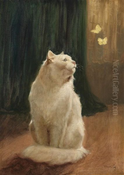 Weise Katze Und Zwei Zitronenfalter Oil Painting by Arthur Heyer